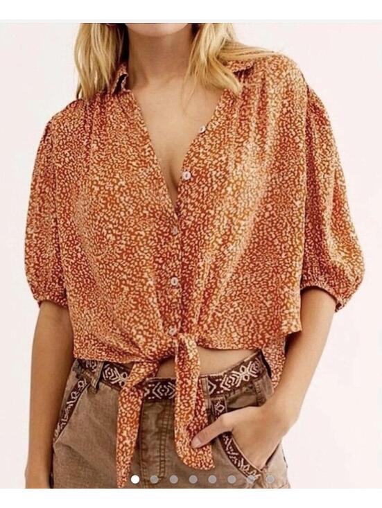 Free People Tops - Free People Celia Print Tie-Front Button-Down Boho Blouse | Orange Animal Print
